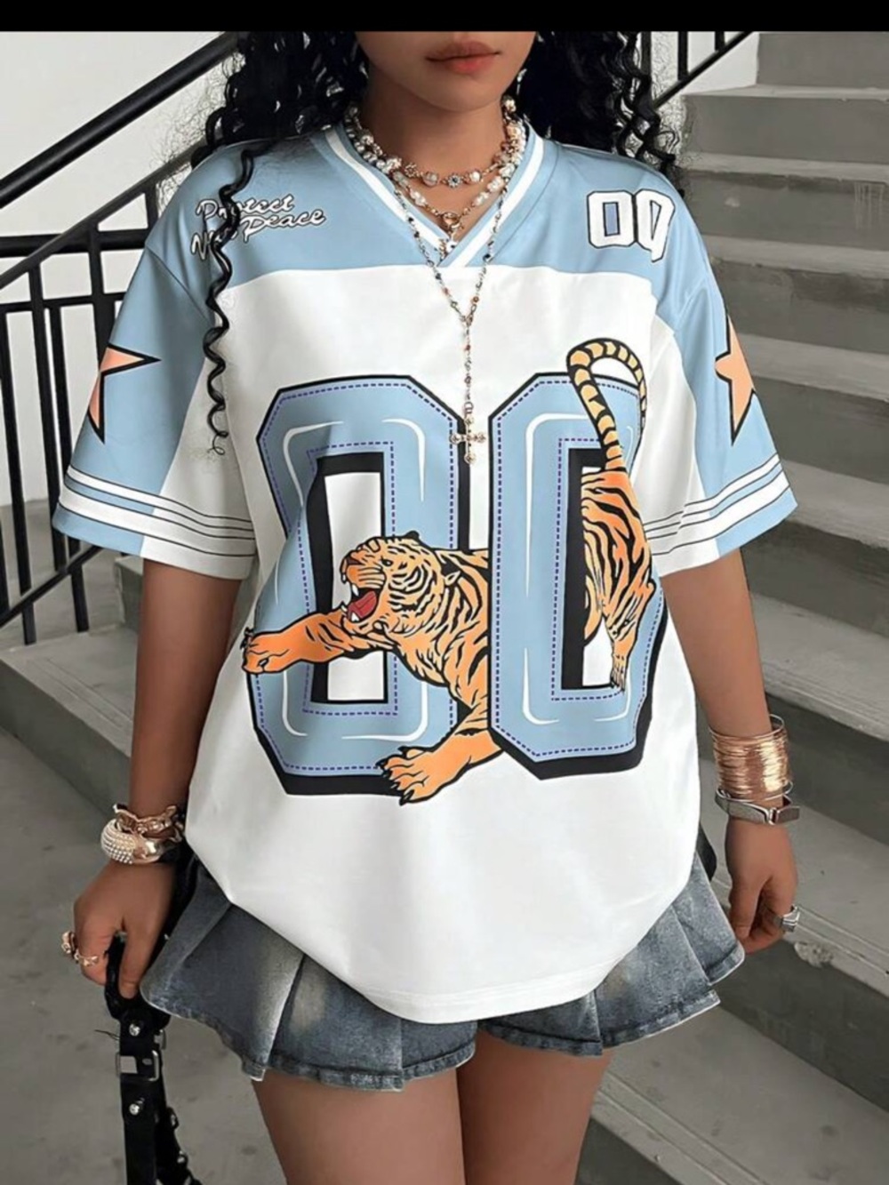 SHEIN Light Blue & White Tiger '00' V-Neck Jersey Top